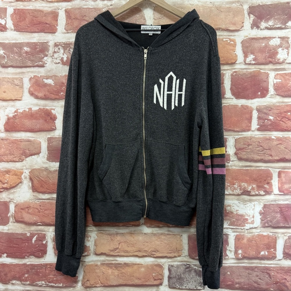 Wildfox Hoodie Women's Medium Gray Striped Full Zip Graphic NAH Casual Jacket